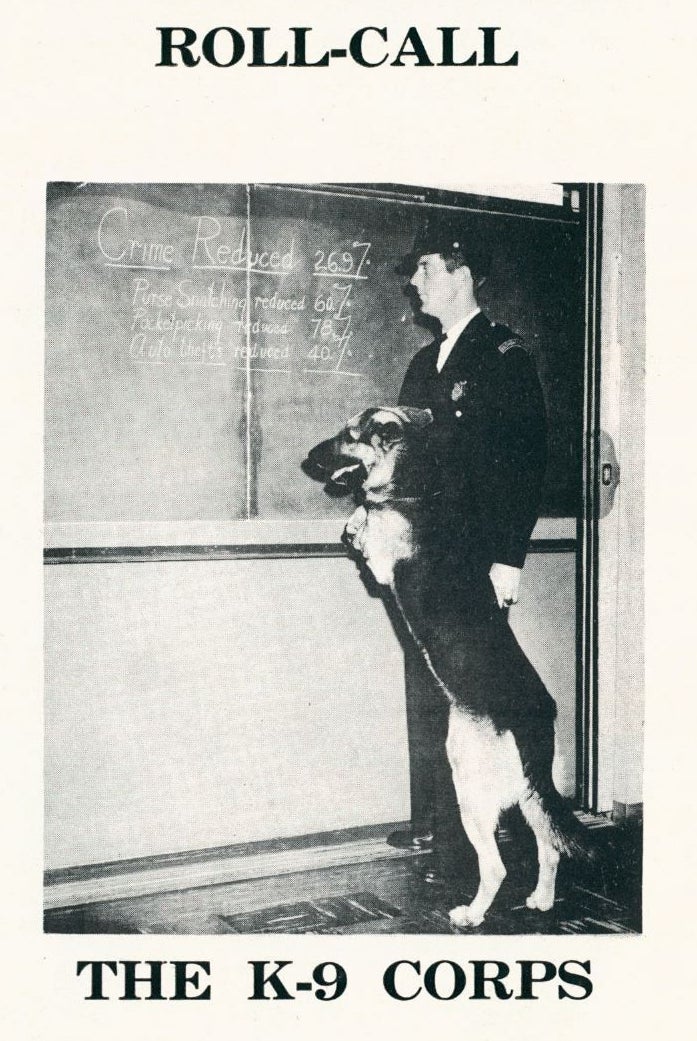 A black-and-white cover of the commissioner's report, with a photo of a white male officer standing with a German shepherd next to a chalkboard that reads, "Crime reduced 26.9%. Purse snatching reduced 60%. Pickpocketing reduced 78%. Auto thefts reduced 40%."