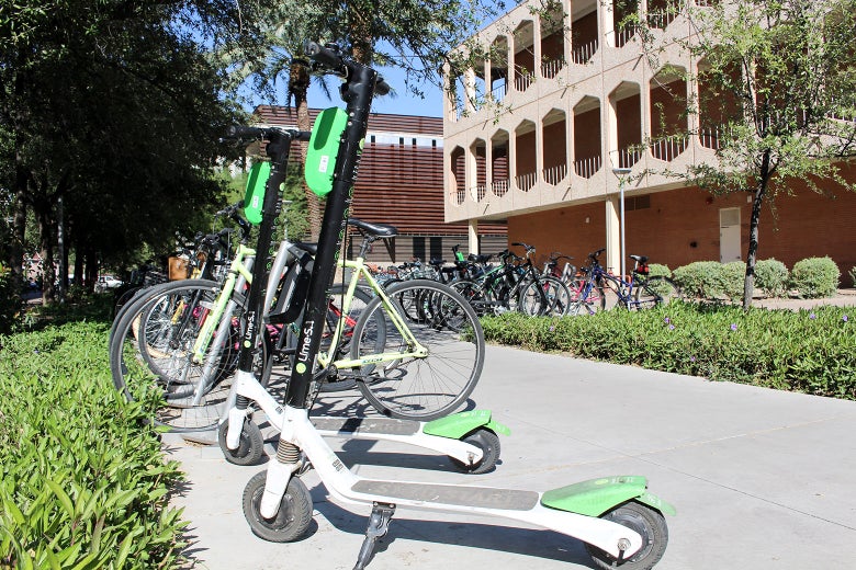 Lines of electric Lime scooters.