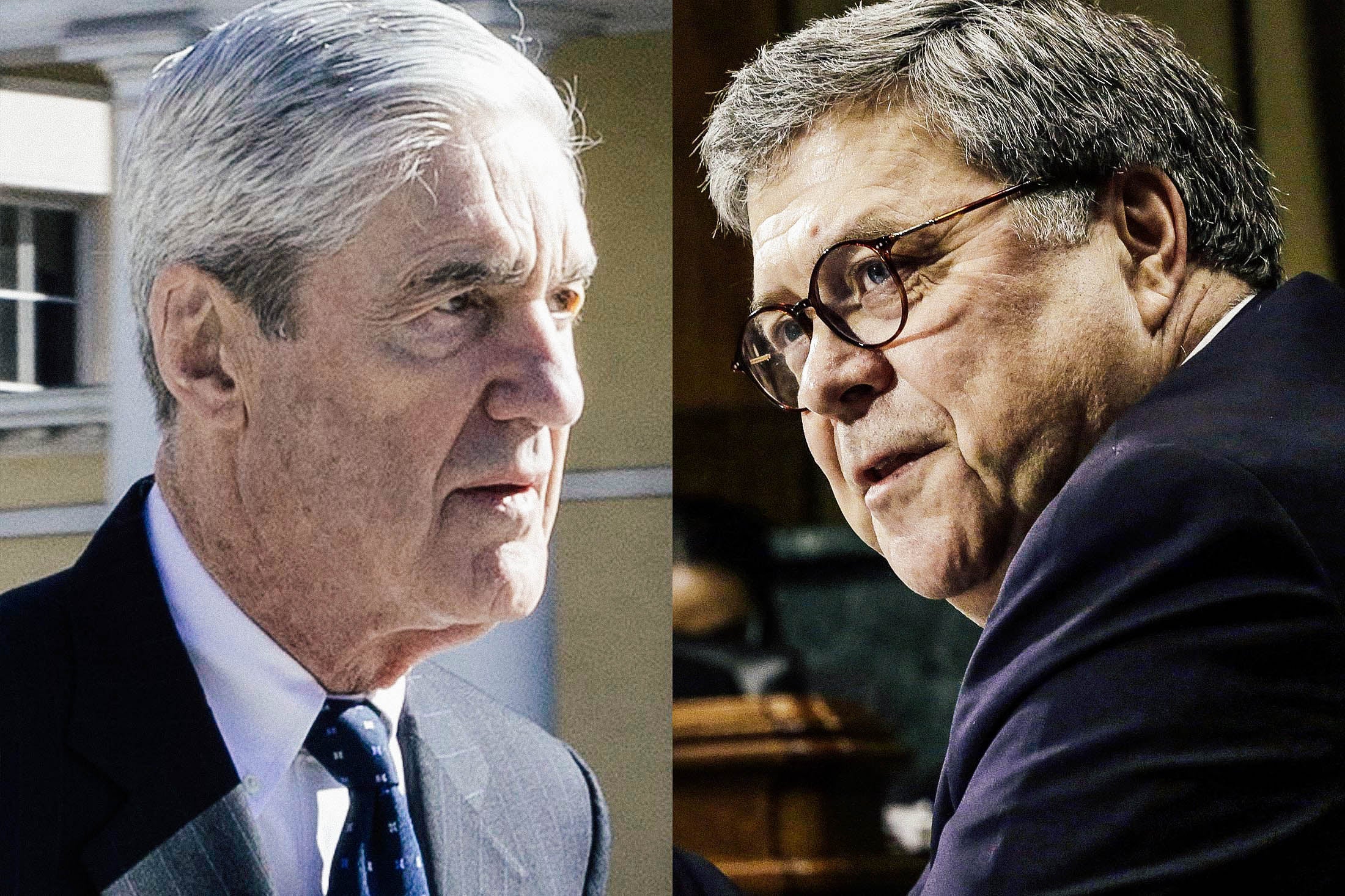 Composite illustration of Robert Mueller and William Barr both looking toward each other.