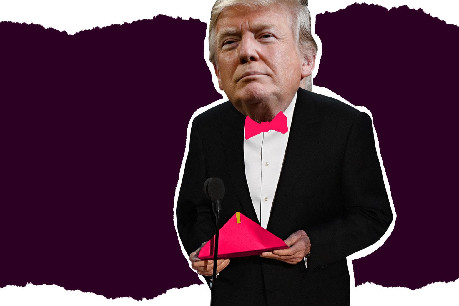 An illustration of Donald Trump wearing a bow tie and reading an award from an envelope.