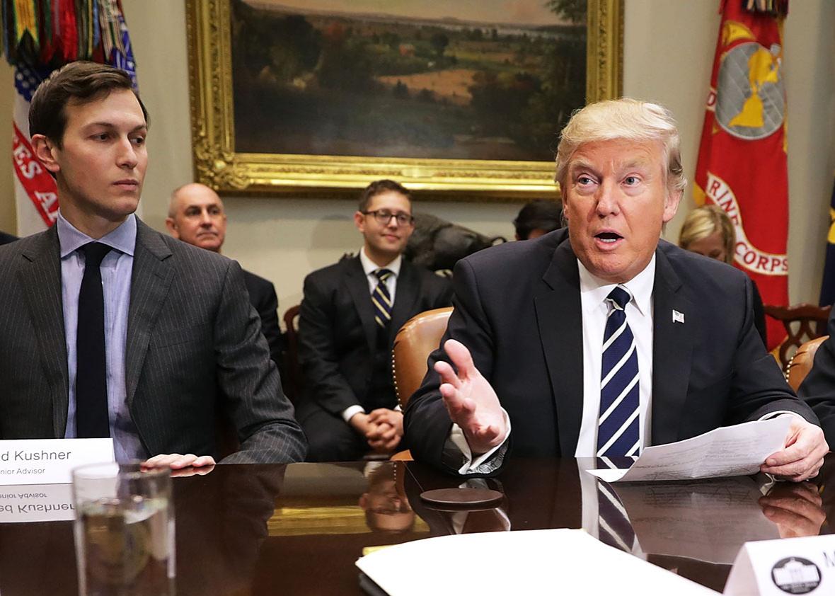 U.S. President Donald Trump delivers remarks at the beginning of a meeting with his son-in-law and Senior Advisor Jared Kushner, Homeland Security Secretary John Kelly and other government cyber security experts in the Roosevelt Room at the White House January 31, 2017 in Washington, DC. 