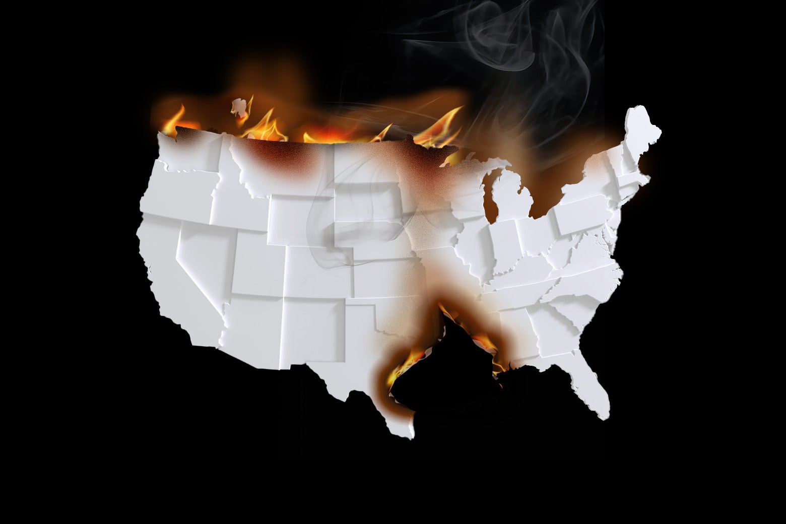 Map of the continental United States burning at the edges