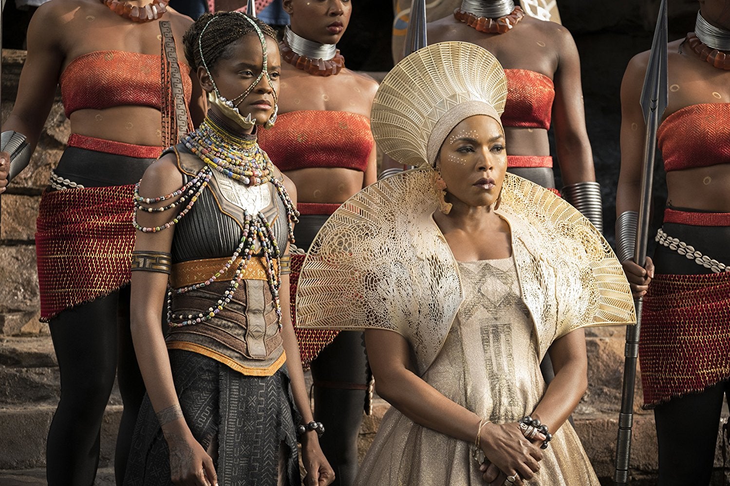 Letitia Wright and Angela Bassett in Black Panther.