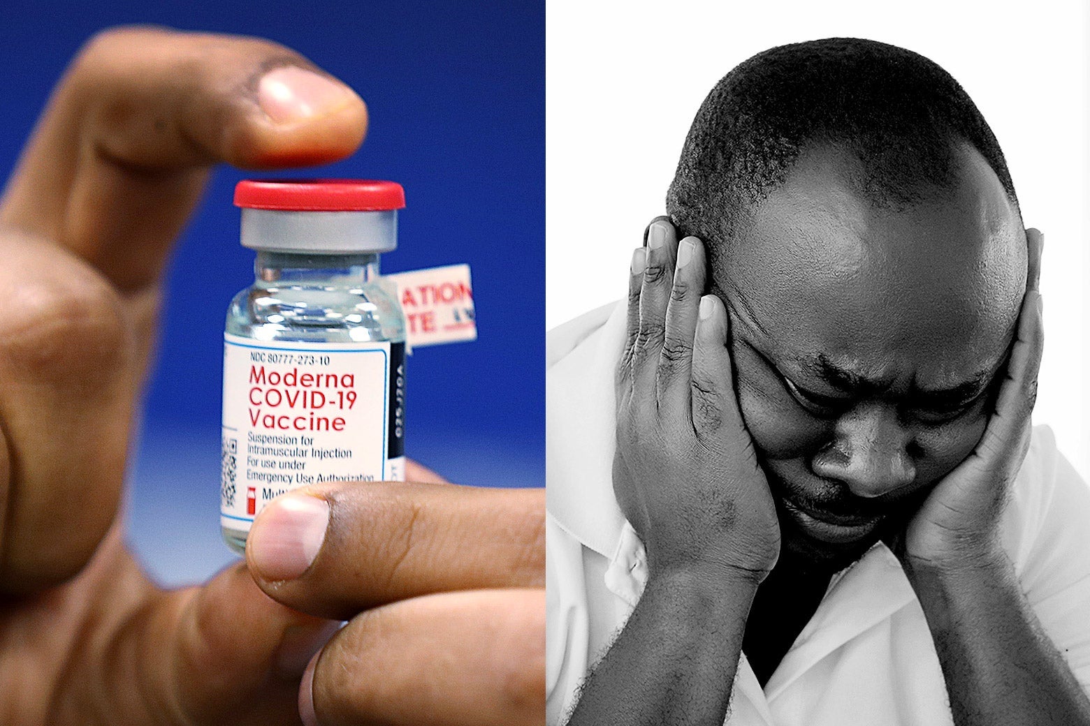 A vial of the Moderna vaccine and a photo of a Black man with his head in his hands.