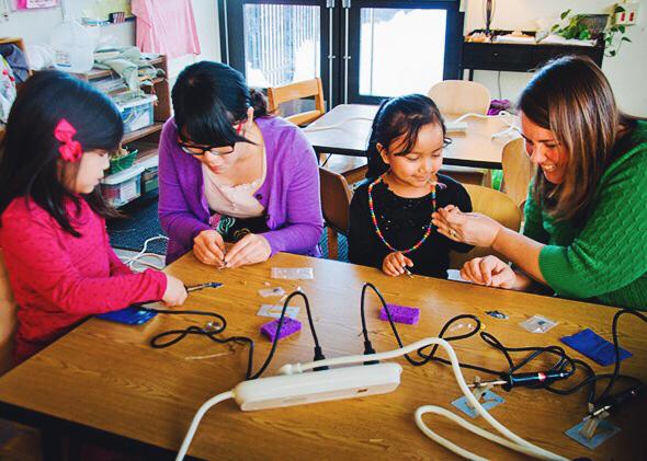 Many educators want to inject coding and robotics into all sorts of courses, from science to art to English. Above, children learn how to solder with Blinky Robot Badges at Univeristy Primary School in Champaign, Illinois, in 2014