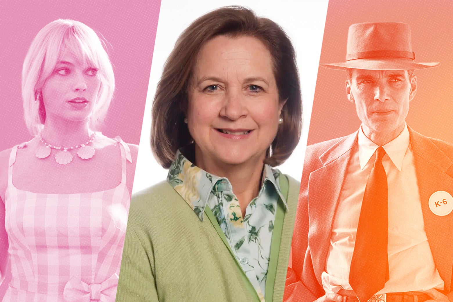 On the left, a pink-hued photo of Margot Robbie in a checker dress as Barbie. On the right, Cillian Murphy in a suit and a hat and a "K-6" button as J. Robert Oppenheimer. In the middle, a somewhat older woman with light brown hair in a bob, pearl earrings, and a green cardigan over bluish-green floral pattern shirt.