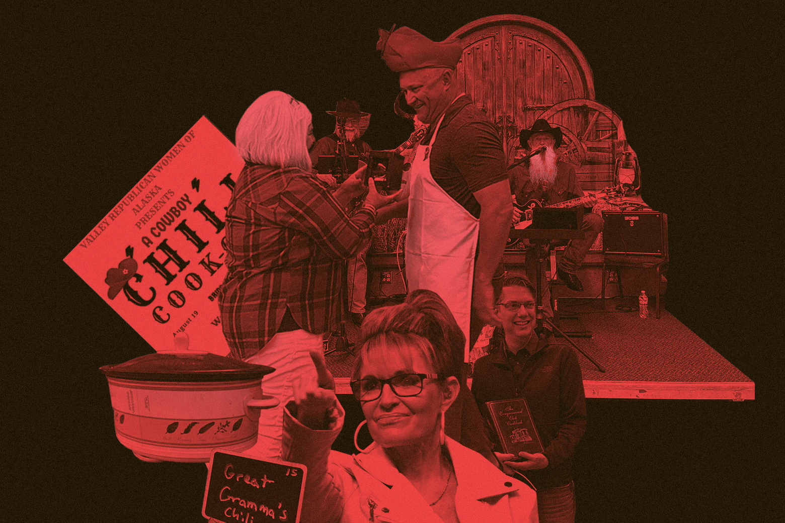 A collage featuring Sarah Palin and images from the chili cook-off.