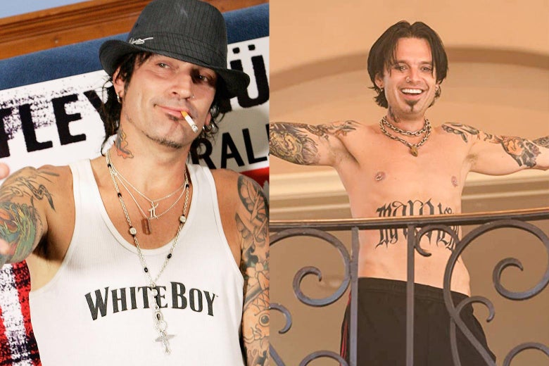 Side by side photos of Tommy Lee smoking in a white tank top that says "White Boy" and Sebastian Stan shirtless as Tommy Lee grinning and looking down from a balcony