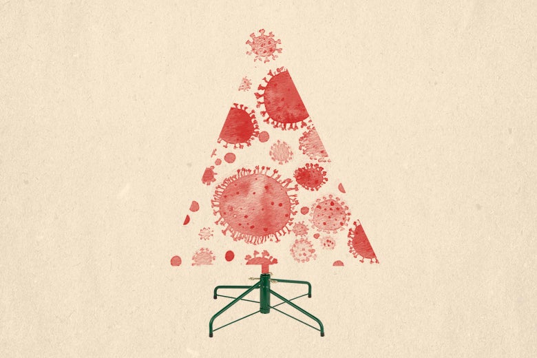 An illustration of a Christmas tree with the tree made up of coronavirus molecules.