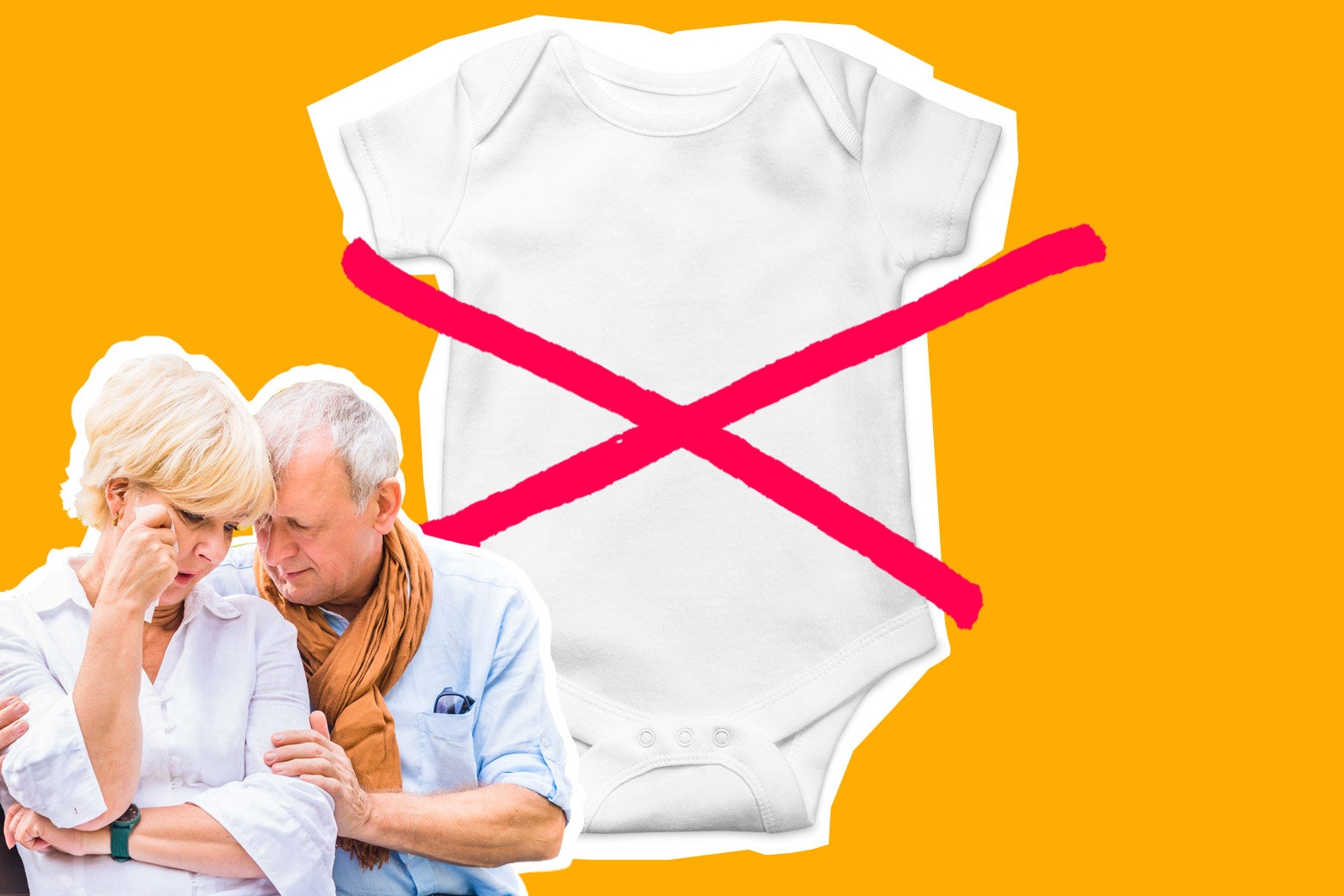 Crying older couple and a baby onesie crossed out.