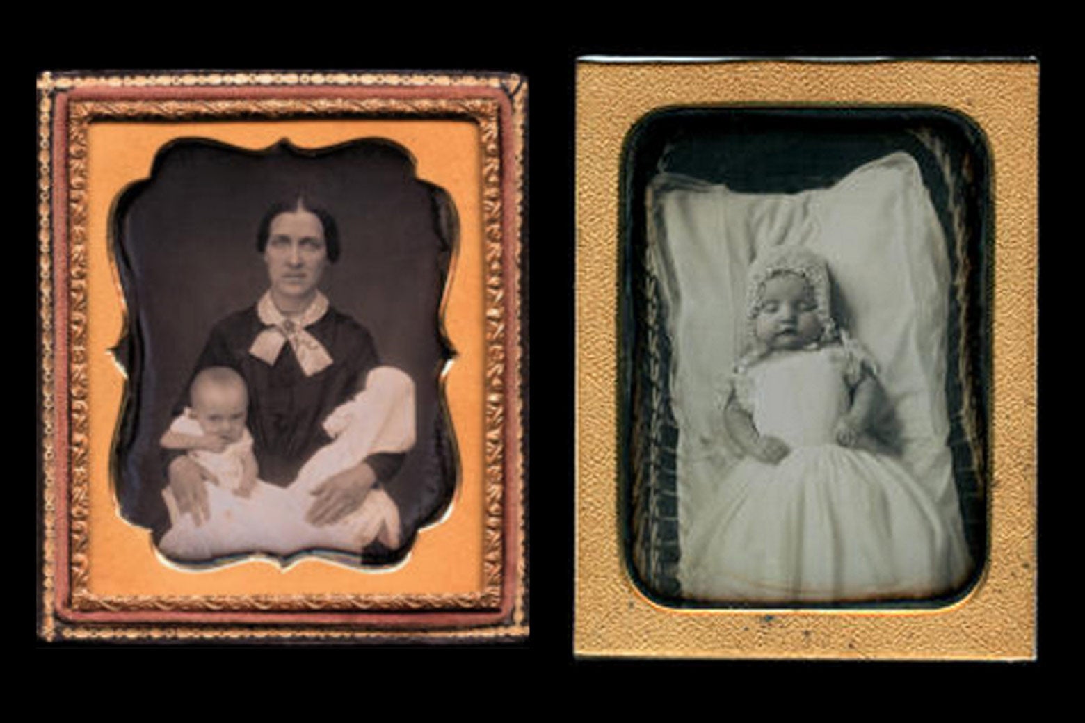 Victorian death photos: A mother holds two children at left, a baby is pictured at right.