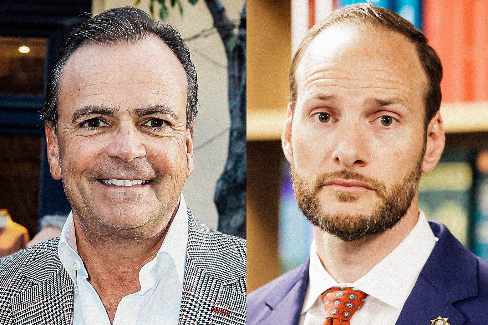 Los Angeles' Rick Caruso (left, smiling) and San Francisco's Chesa Boudin (a bit mopey).
