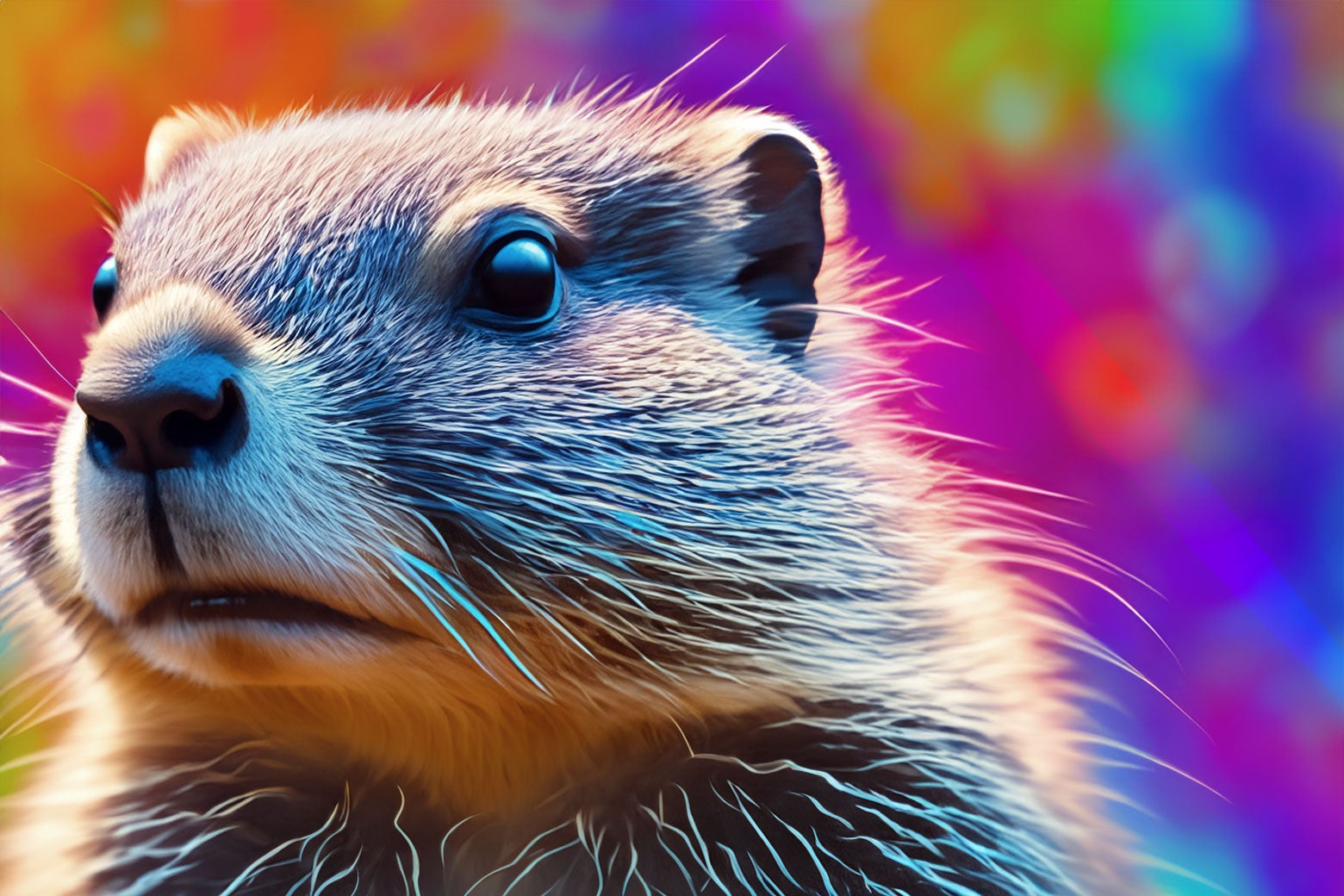A closeup of a groundhog face looking out from a vibrant magenta, orange, and blue background. 