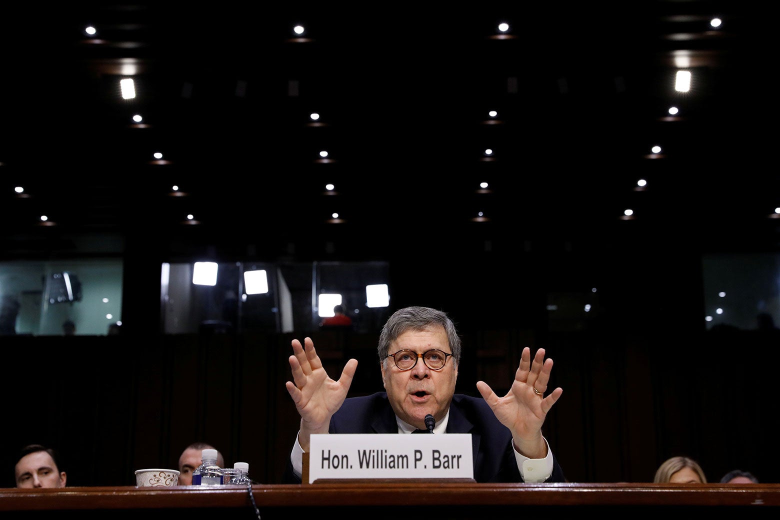 William Barr in a hearing room.