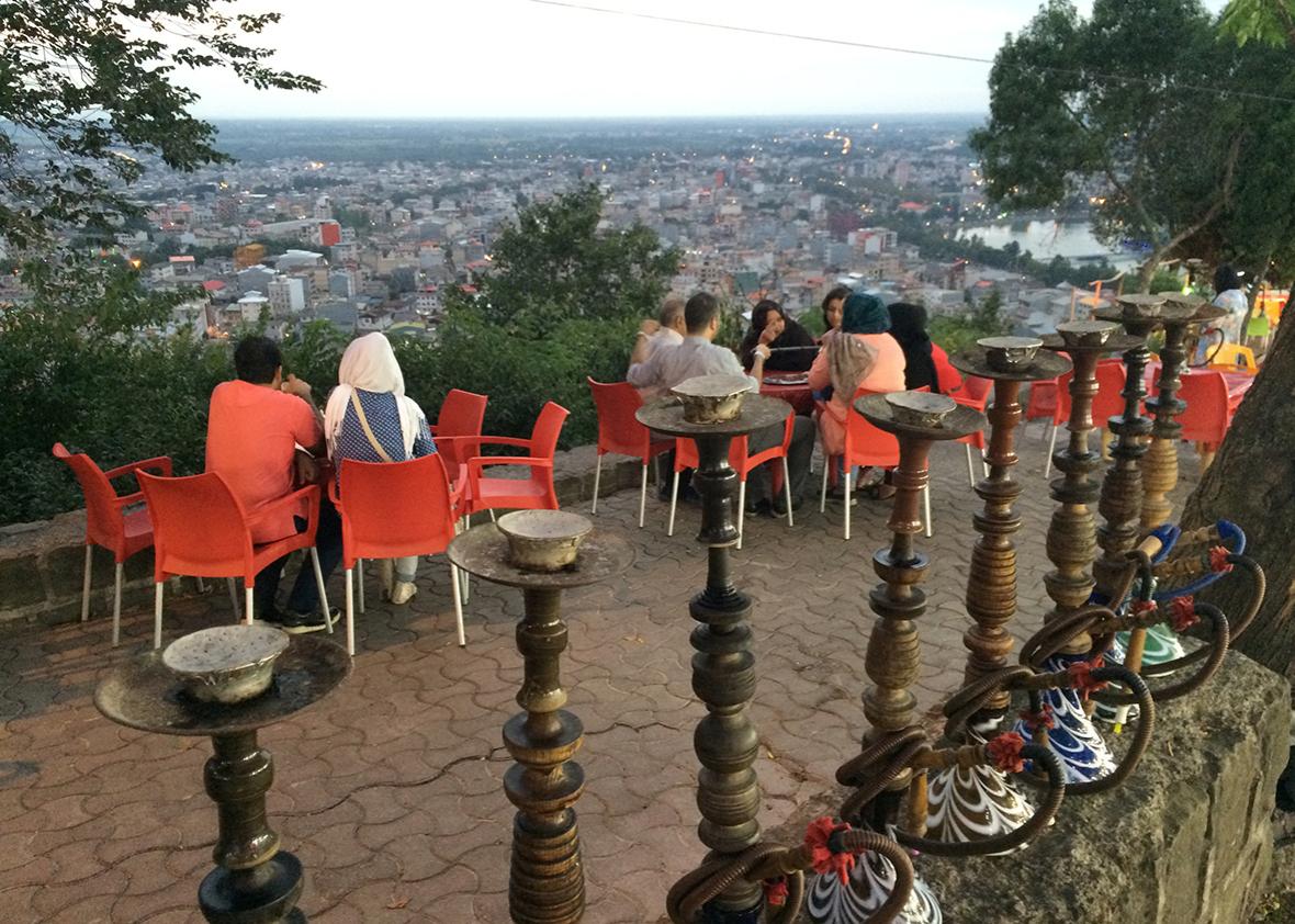 Waterpipes for rent at an outdoor cafe on a mountain overlooking the shomali city of Lahijan, a few hours west of Chalus.