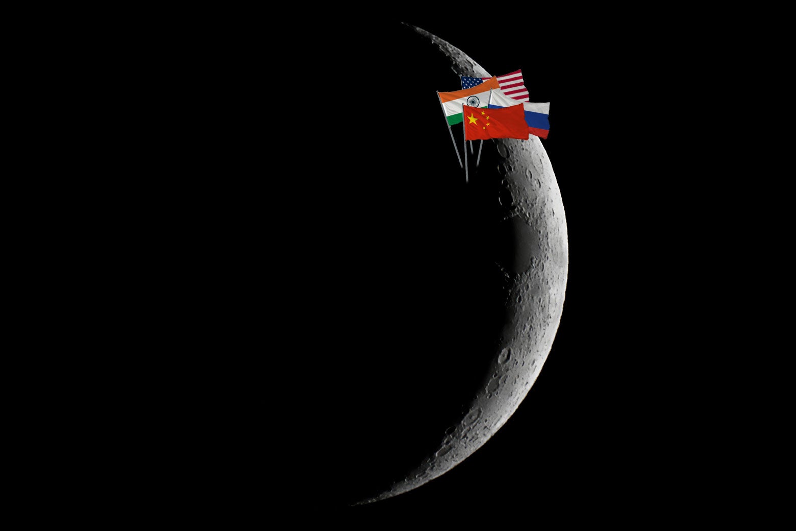 A shadowy side-shot of the moon, with the Russian, Chinese, Indian, and American flags grouped together on the moon's surface.