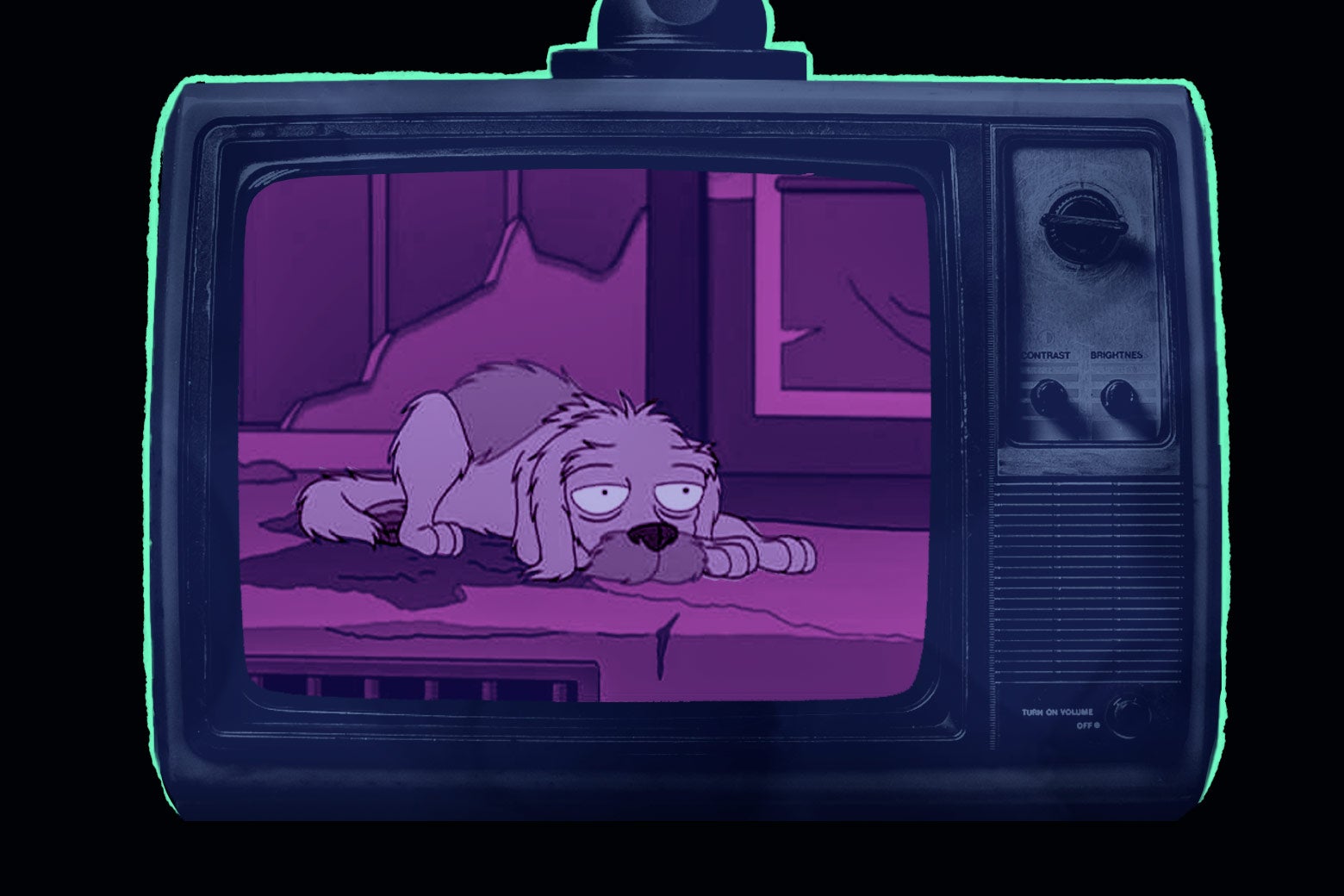 Still of an old decrepit dog from the end of the Futurama episode "Jurassic Bark" playing on a TV