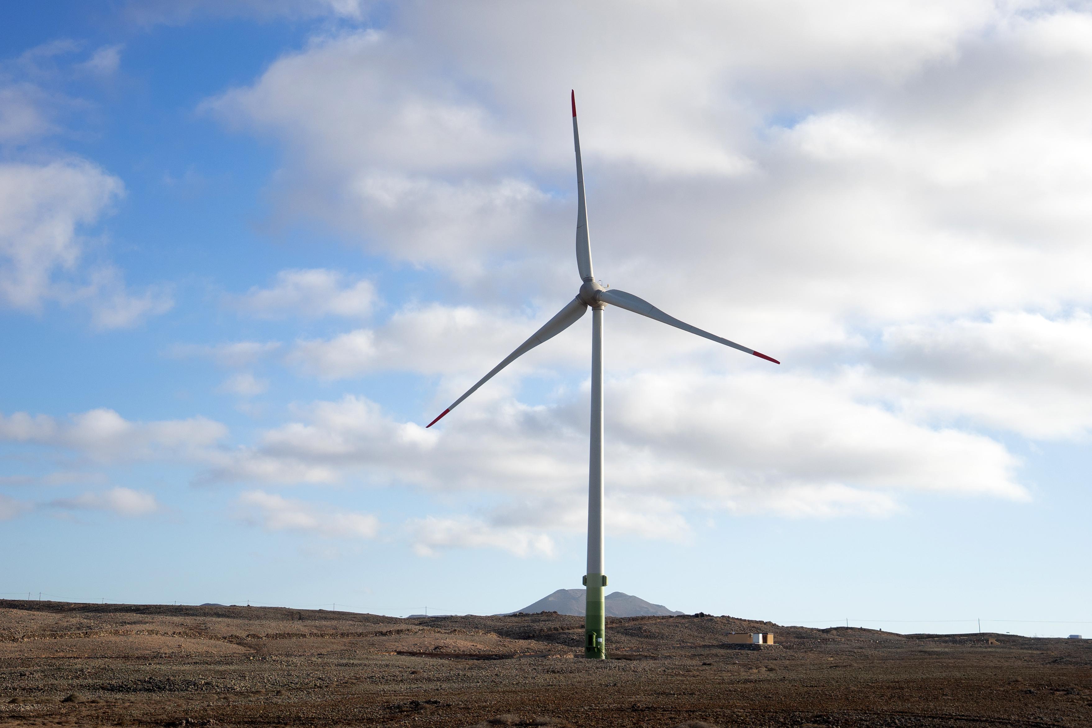 FUERTEVENTURA, SPAIN - MAY 08: A wind turbine operates in Corralejo on May 08, 2019 in Fuerteventura, Spain. Fuerteventura became known as the granary of the Canary islands but frequent droughts during the 18th and 19th centuries caused the collapse of the agriculture of the island. (Photo by Vittorio Zunino Celotto/Getty Images)