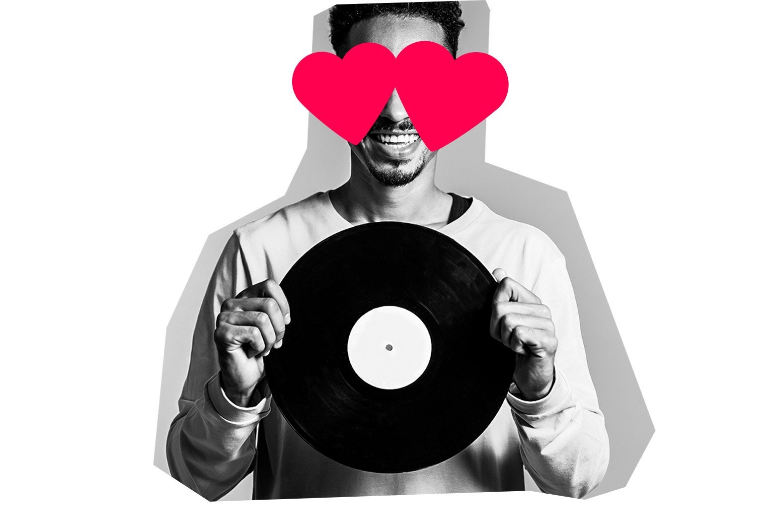 Smiling man holding a vinyl record with hearts over his eyes