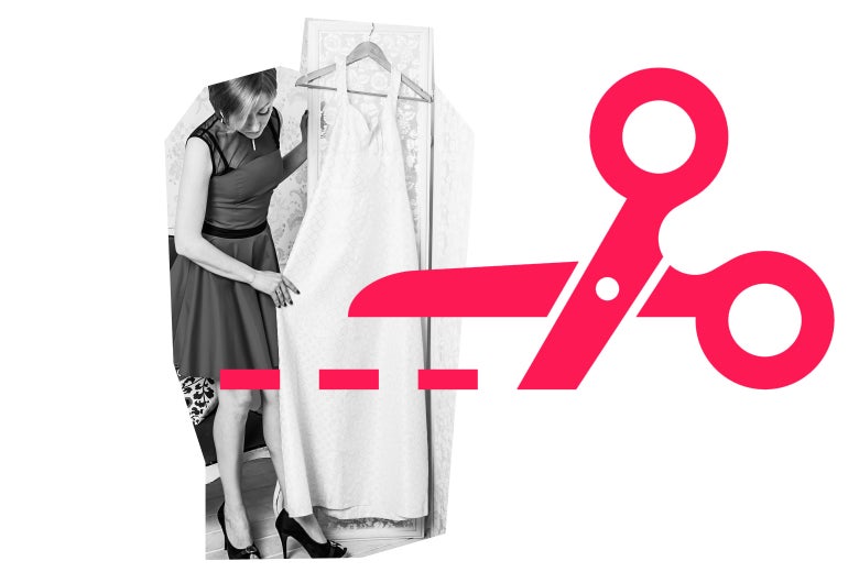 A woman touching a wedding dress on a hanger, and a graphic of a scissors.