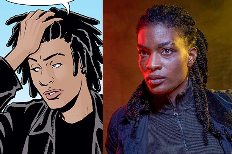 Side-by-side images of Agent 355 in the comic and Ashley Romans as Agent 355 in the TV show