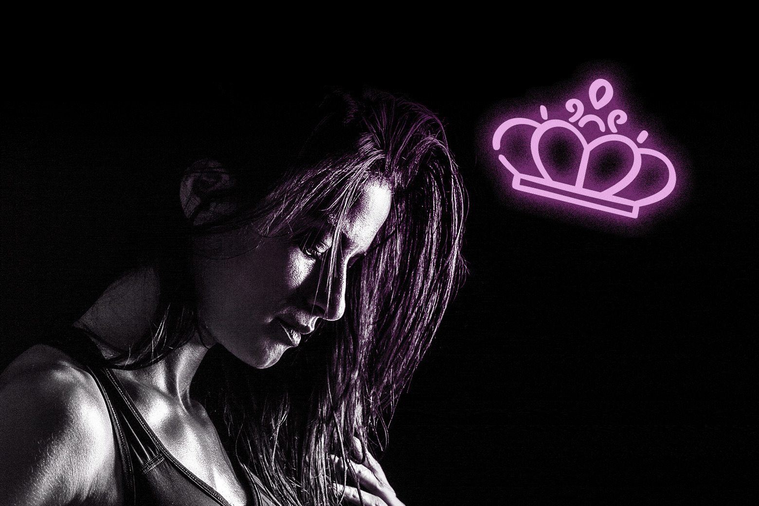 A woman looks down with a floating neon crown next to her face.