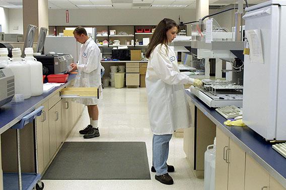 Lab technicians for Myriad Genetics of Salt Lake City, Utah work on DNA samples from the New York State Police, 20 September, 2001.