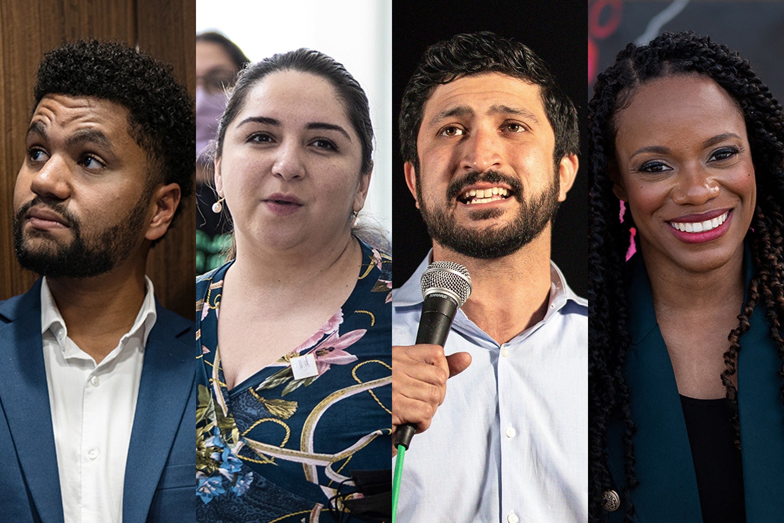 A photo compilation of some progressive winners of the 2022 midterms: Florida’s Maxwell Frost, Illinois’ Delia Ramirez, Texas’ Greg Casar, and Pennsylvania’s Summer Lee.