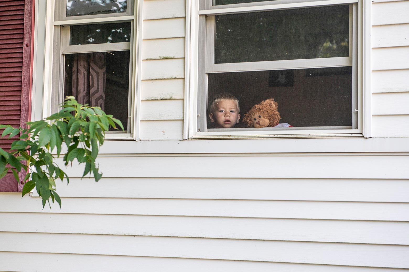 A boy with a stuffed animal beside him looks out a window