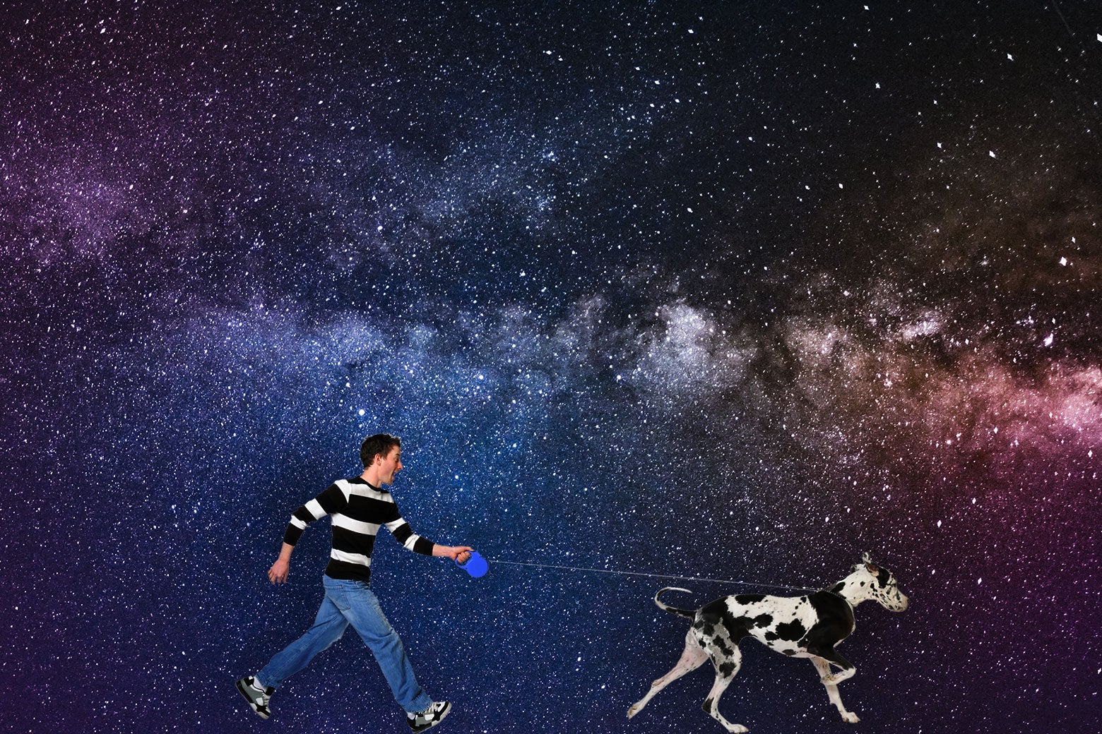 A man walking his dog in space.