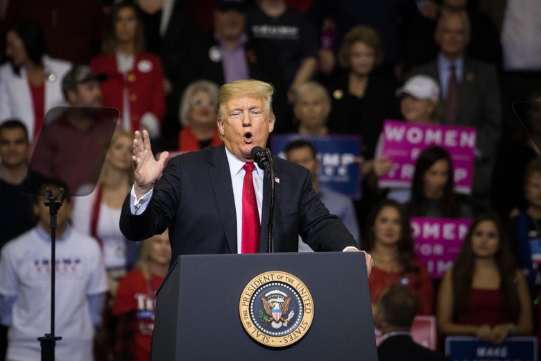 HOUSTON, TX - OCTOBER 22: U.S. President Donald Trump addresses the crowd during a rally in support of Sen. Ted Cruz (R-TX) on October 22, 2018 at the Toyota Center in Houston, Texas. Cruz, the incumbent, is seeking Senate re-election in a high-profile race against Democratic challenger Beto O'Rourke. (Photo by Loren Elliott/Getty Images)