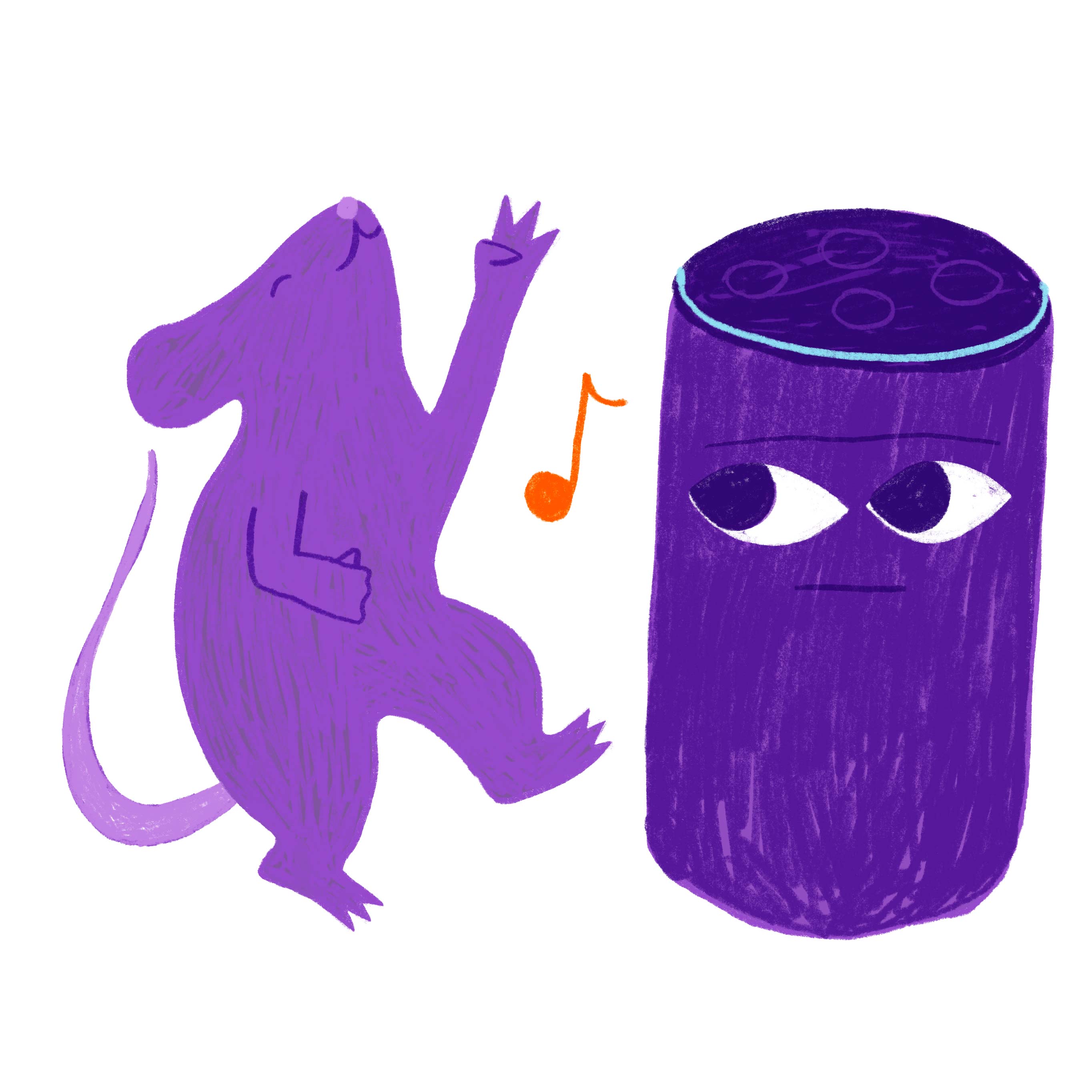 A purple rat plays air guitar while an Amazon Echo listens.