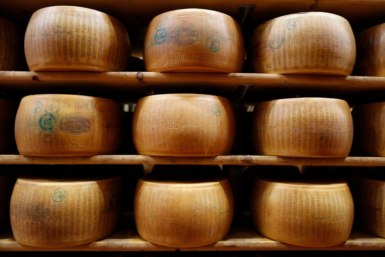 Wheels of Parmesan cheese on racks.