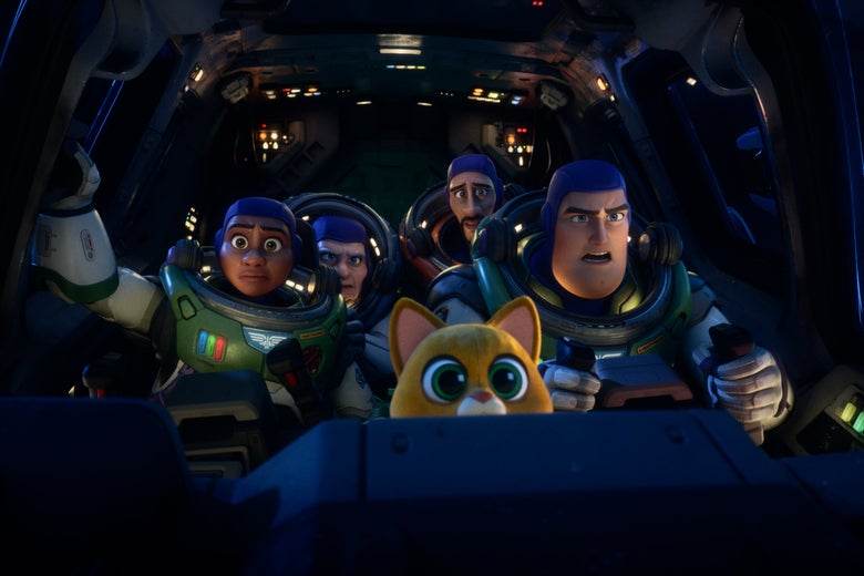 A determined-looking Buzz Lightyear grips the controls of his spaceship as he and a group of three other nervous-looking Space Rangers plow ahead. Crouched at the front, peering over the dashboard, is a very alarmed-looking cat.