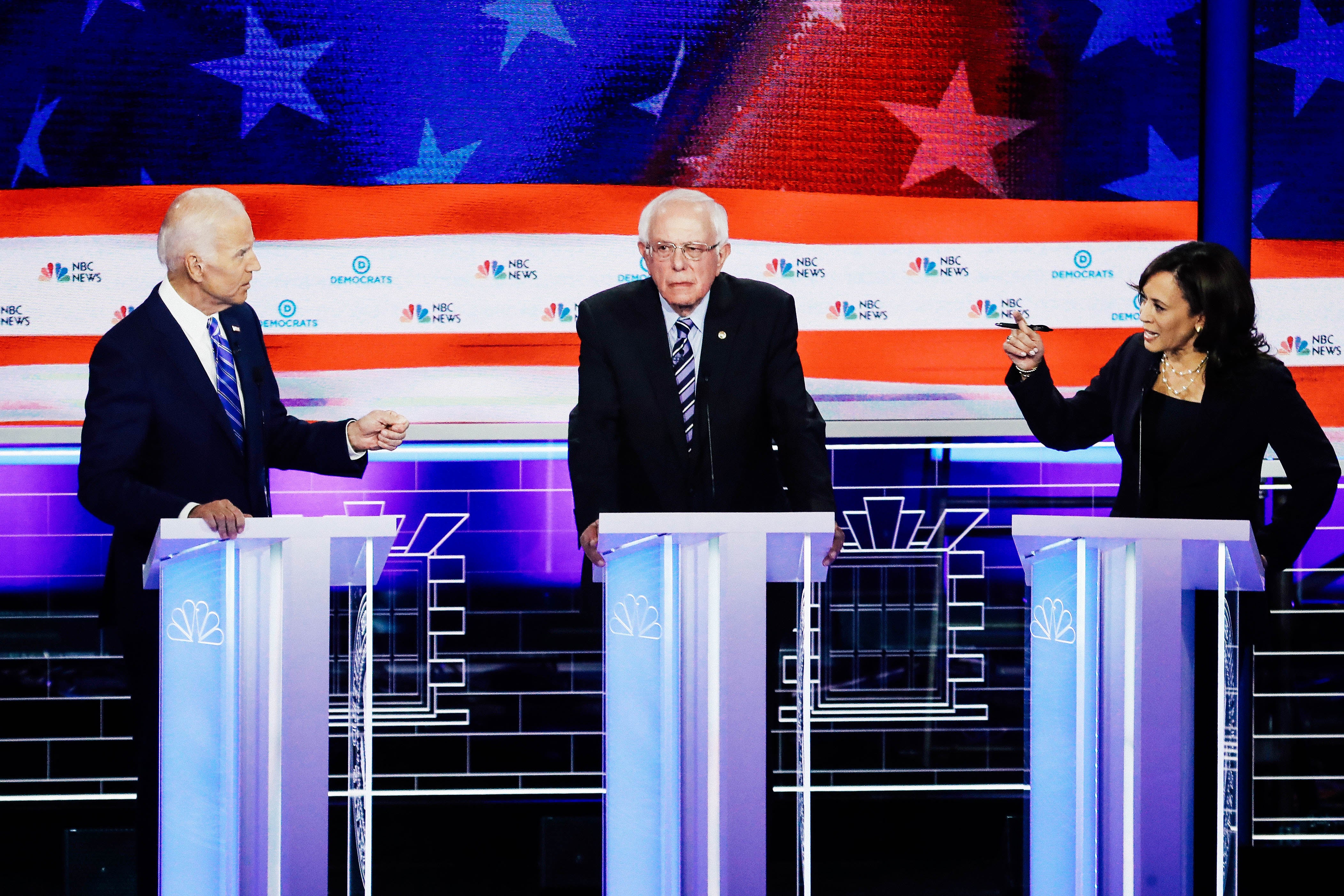 Joe Biden, Bernie Sanders, and Kamala Harris during the second night of the Democratic Debate in Miami. 