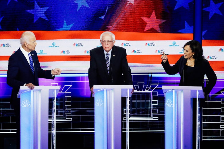 Joe Biden, Bernie Sanders, and Kamala Harris during the second night of the Democratic Debate in Miami. 