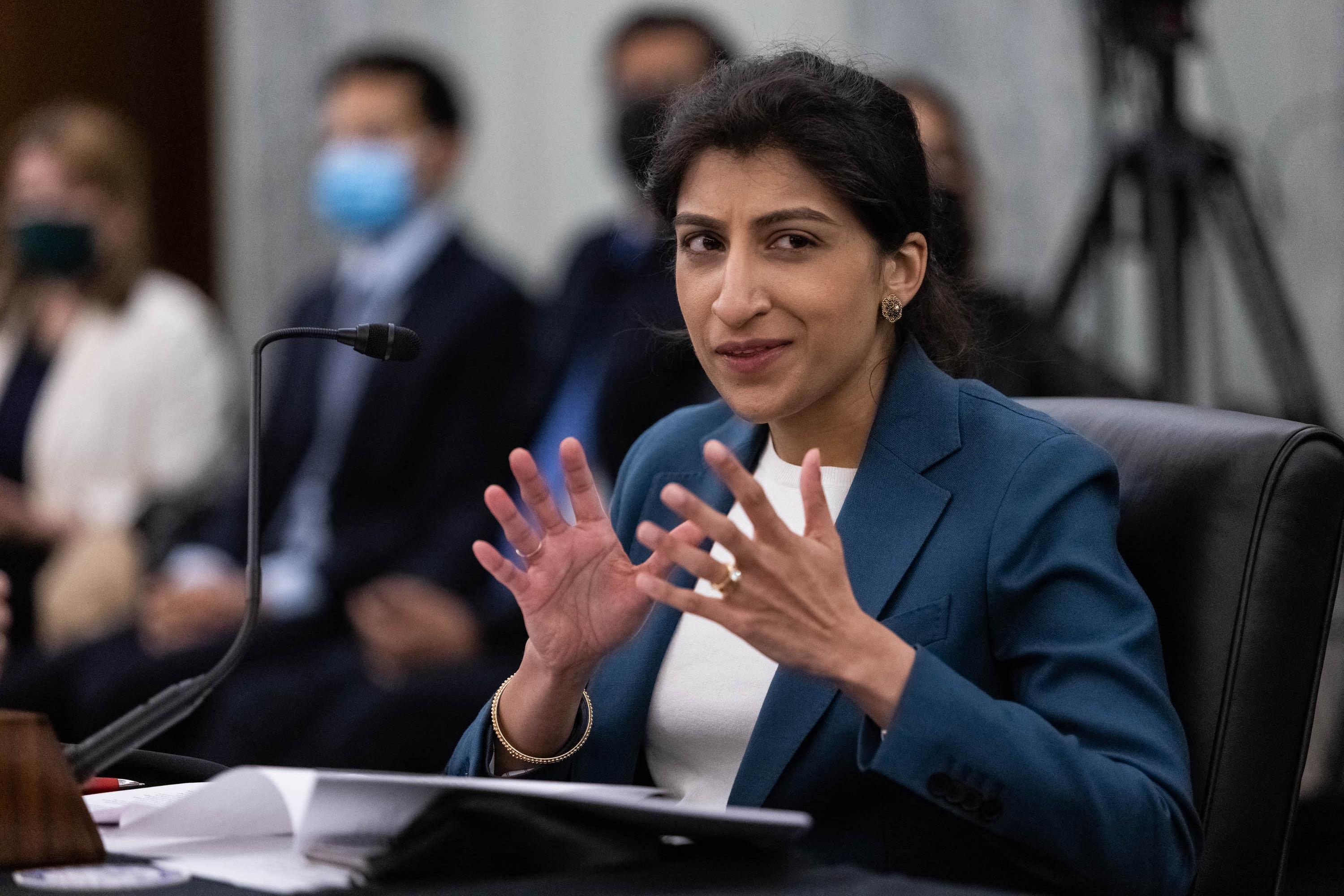 FTC Commissioner nominee Lina M. Khan testifies during a  Senate Committee on Commerce, Science, and Transportation confirmation hearing on Capitol Hill in Washington, DC, April 21, 2021. (Photo by Graeme Jennings / POOL / AFP) (Photo by GRAEME JENNINGS/POOL/AFP via Getty Images)