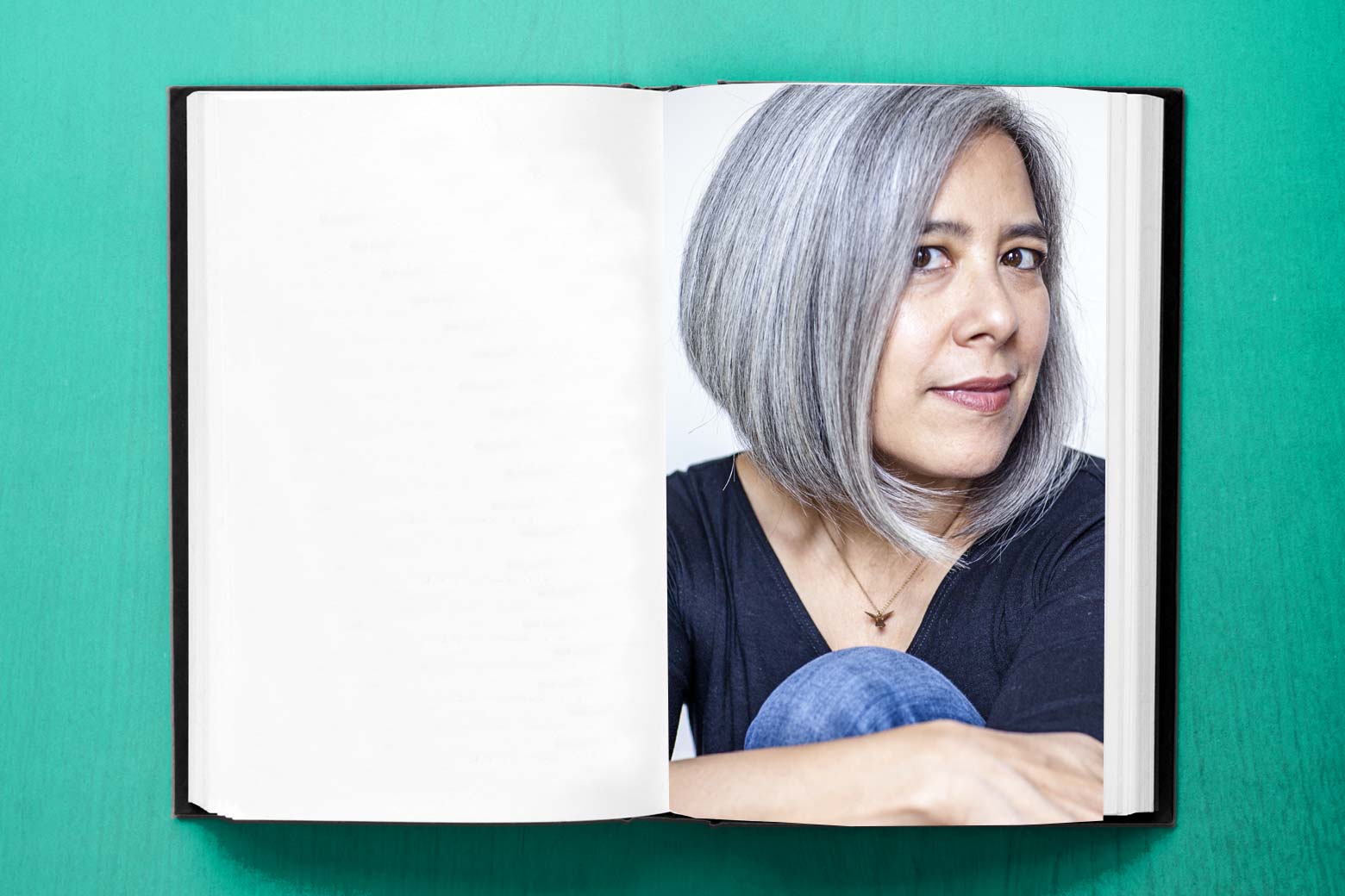A book with its pages open featuring a photo of Susan Choi.