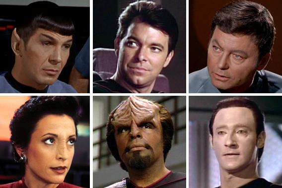 From top left: Spock from the Original Series, Will Riker from The Next Generation, Bones McCoy from the Original Series, Kira Nerys from Deep Space Nine, Worf from The Next Generation, and Data from The Next Generation