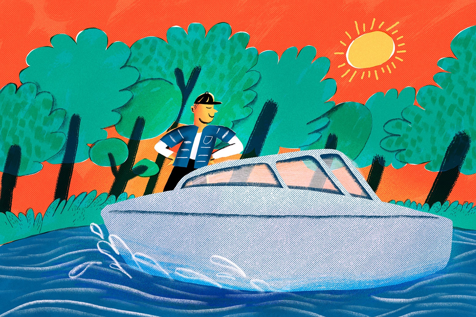 An illustration of a man beaming at his fancy new e-boat on a sunny day.