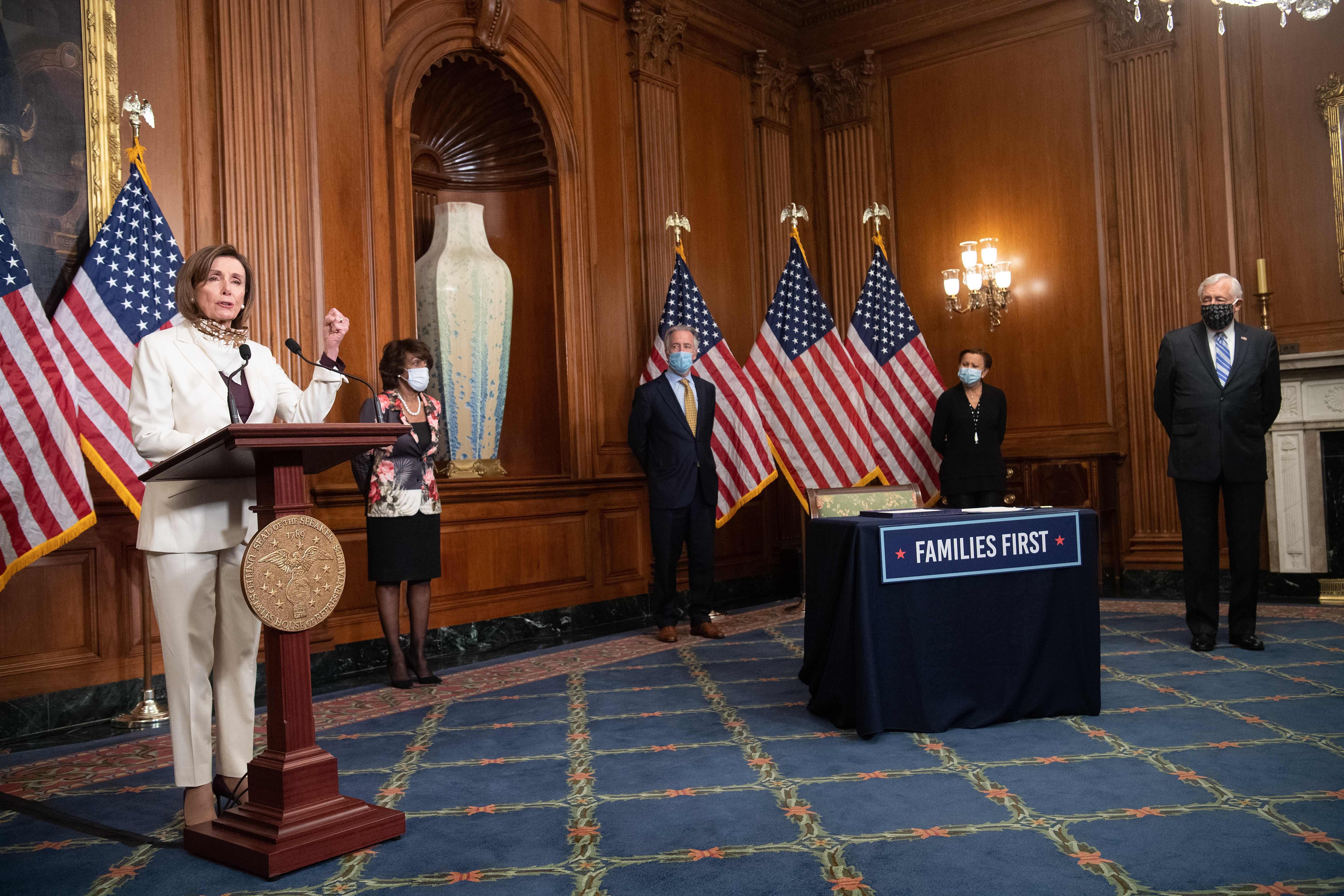 Speaker Nancy Pelosi speaks to the press at the U.S. Capitol in Washington, DC, on April 23, 2020.
