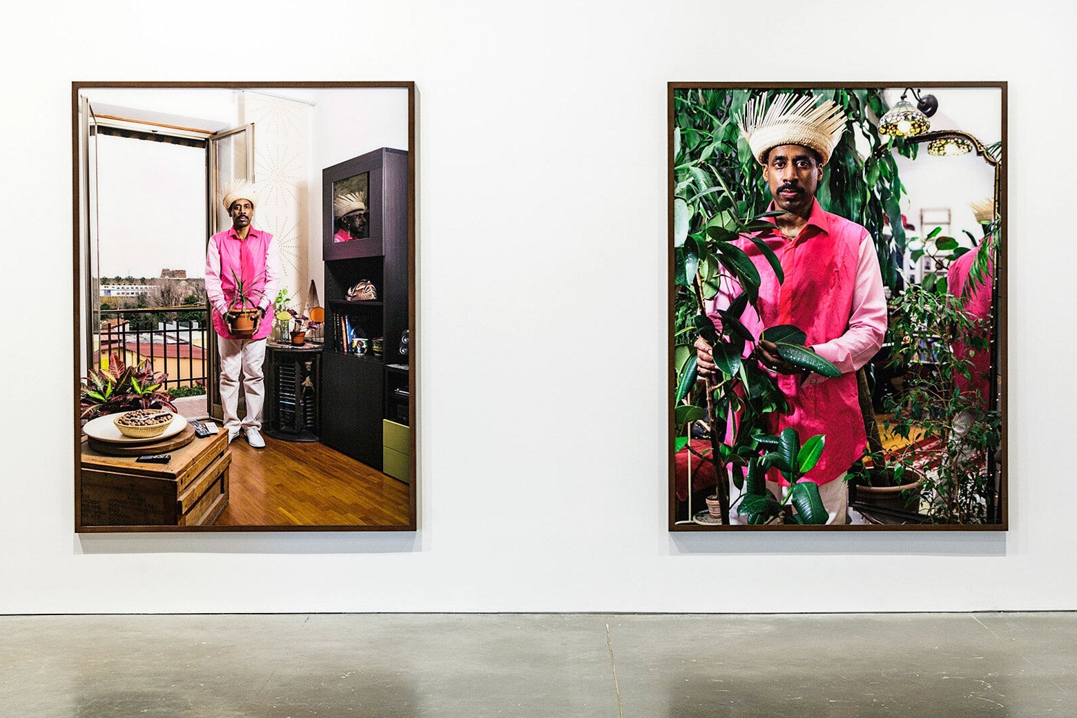 Two photos depicting a man in his home and amongst plants in Nari Ward's Sun Splashed exhibition at ICA Boston.