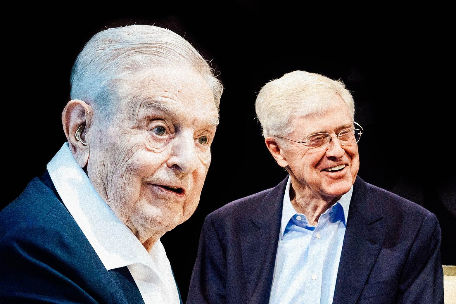 Collage of Soros and Koch.