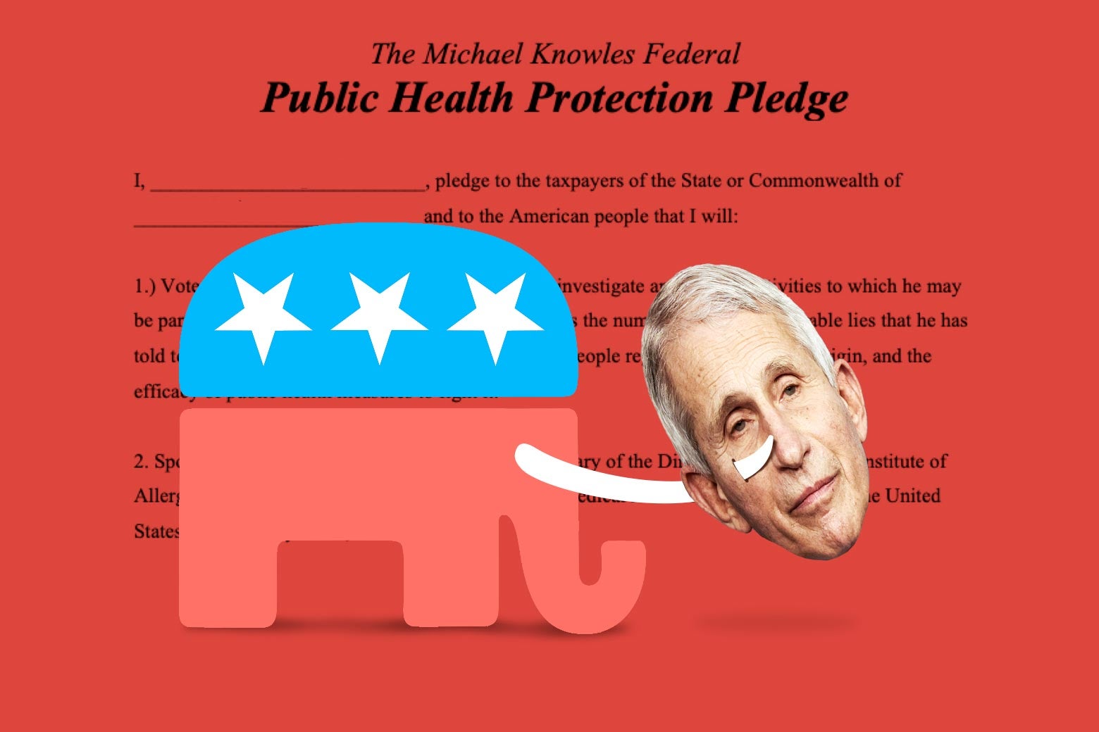 A Republican elephant skewering Fauci through its tusk.