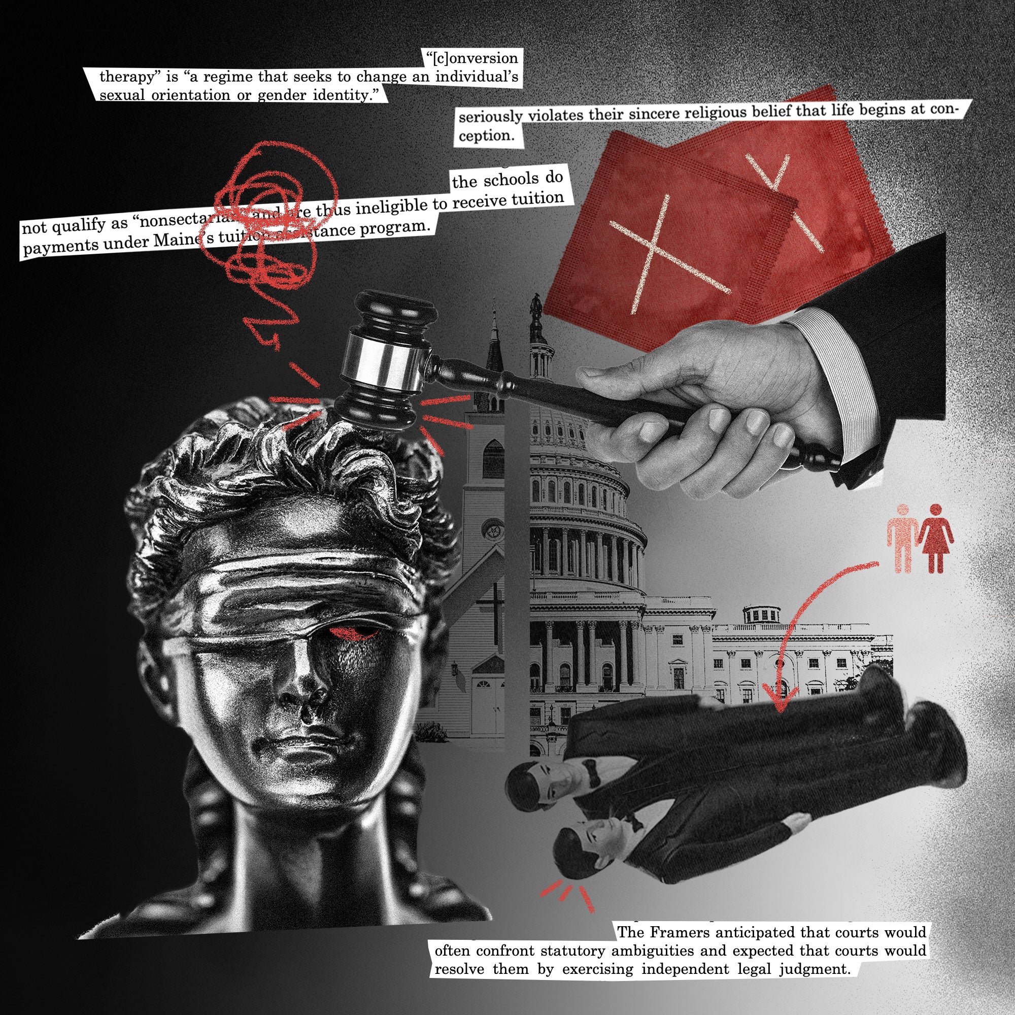 A photo collage including a statue of blindfolded Justice being hit on the head with a gavel, two cake-top figures of grooms that have been knocked down, the U.S. Capitol spliced together with a church, and snippets of court documents.