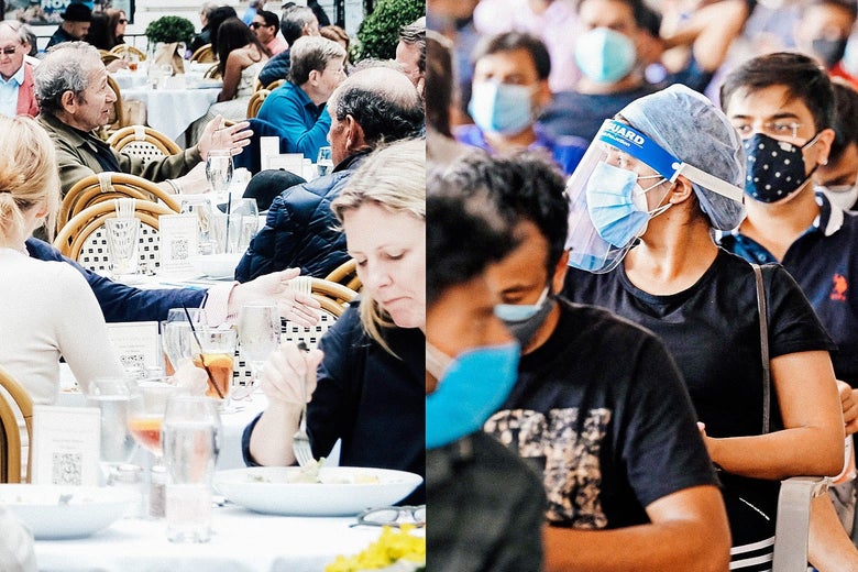 On the left, people dine outside without masks in New York's Bryant Park. On the right, people in India wait in line for vaccines, wearing masks and face shields, one person turning as if to look at the photo of New York City.