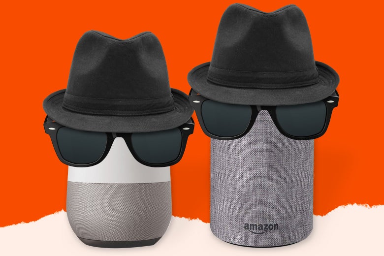 Google Home and Amazon Echo devices wearing disguises.