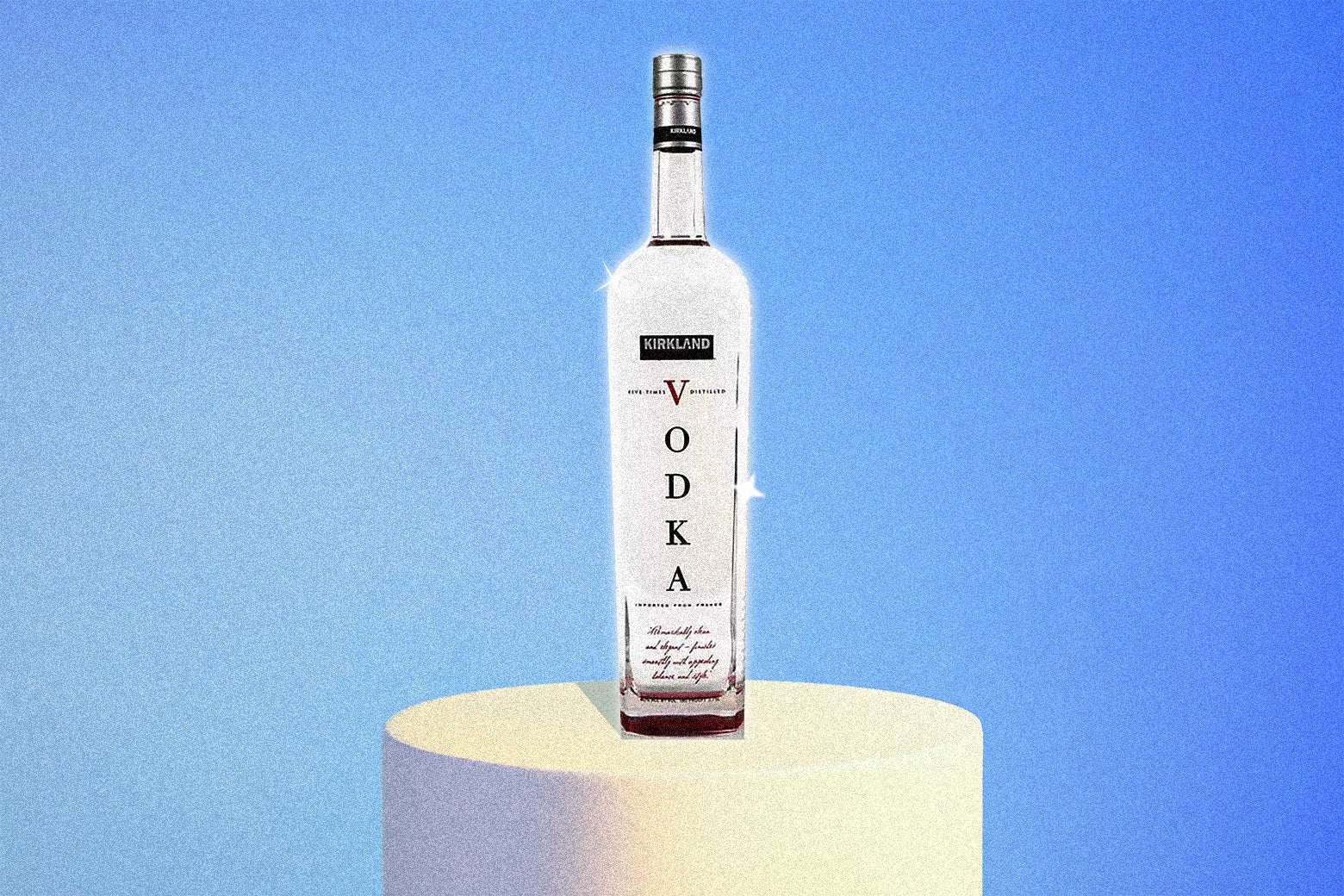 Costco's Kirkland Signature American Vodka, sparkling and atop a pedestal.