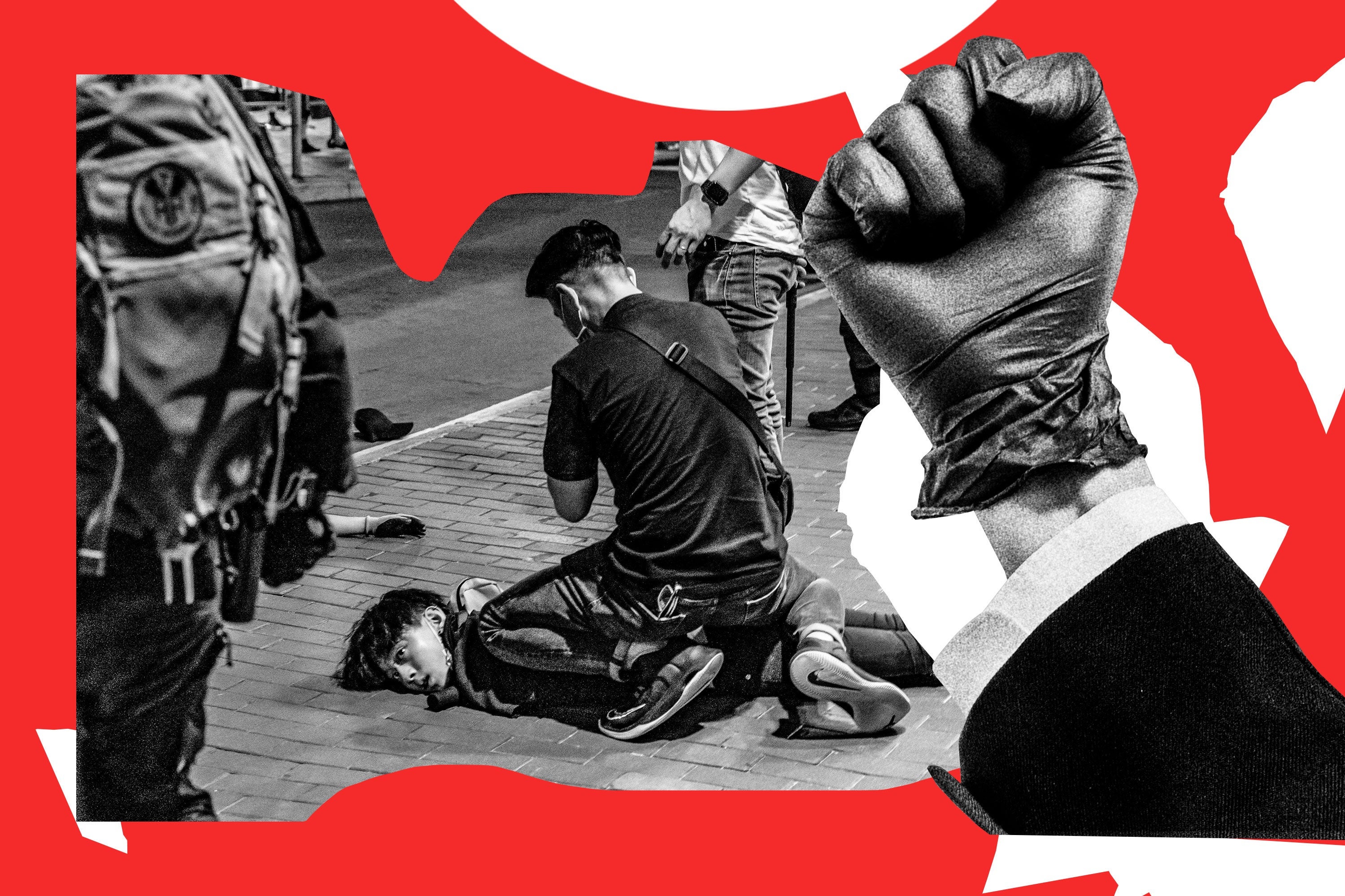 Photo illustration of protester being arrested on the ground. 