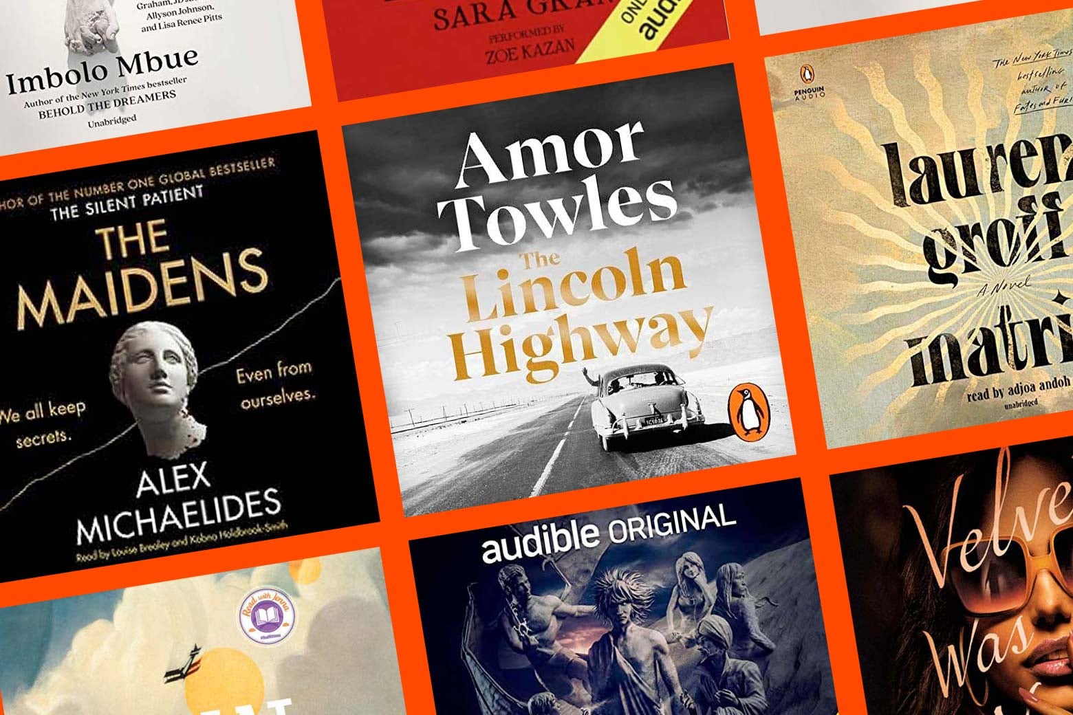A grid of covers for the audiobooks The Maidens, The Lincoln Highway, Matrix, and more.